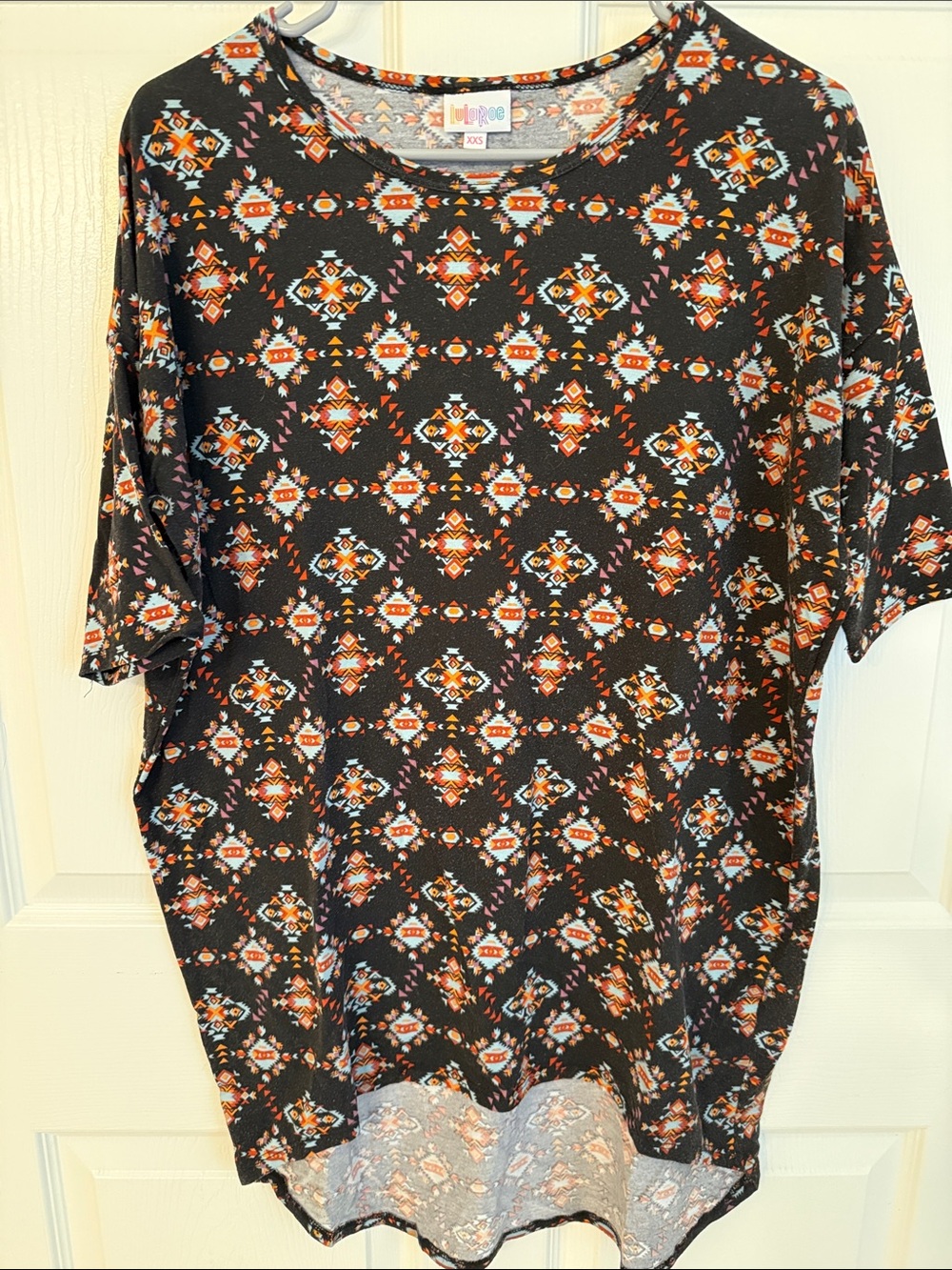 LuLaRoe Black Tunic with Orange, White, Blue & Pink Geometric Print